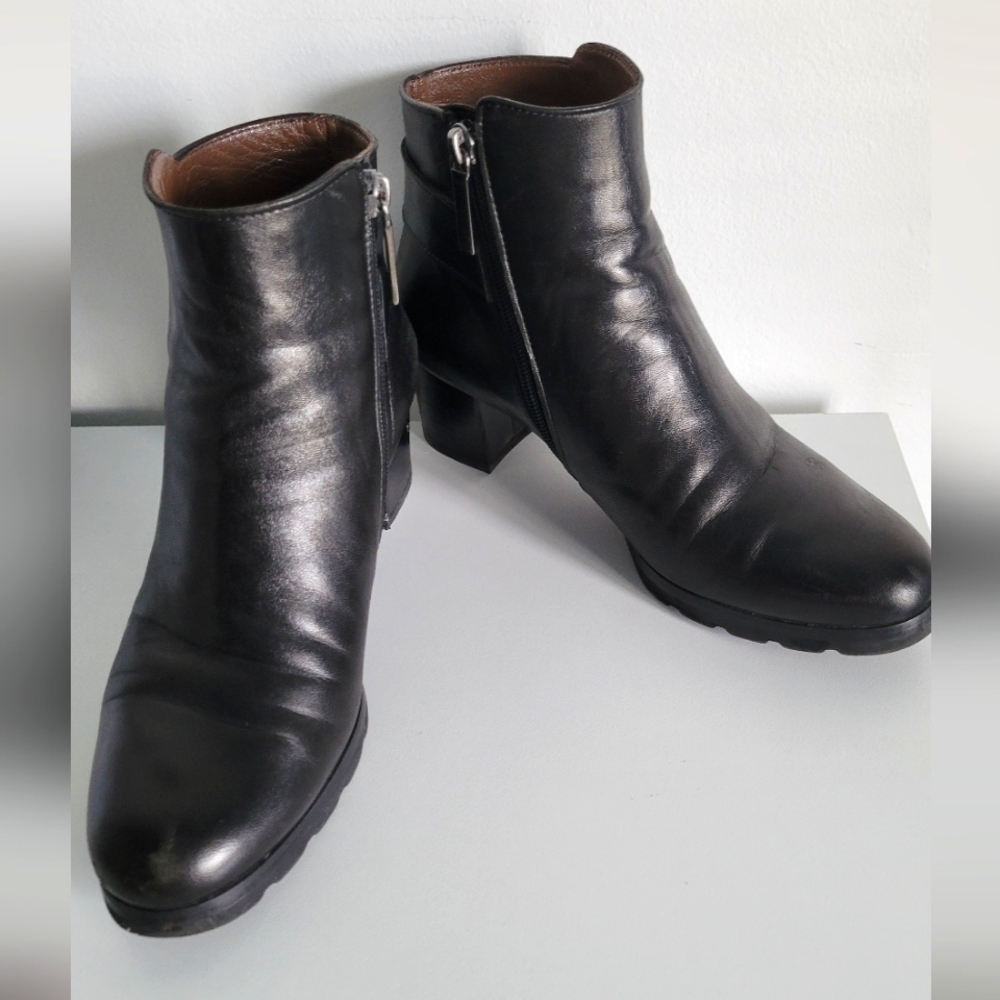 Italian Leather Black Booties Boots Block Heel
